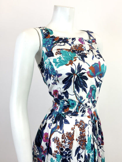 VINTAGE 60s 70s WHITE BLUE BROWN FLORAL SLEEVELESS SWING SUMMER DRESS 10 12