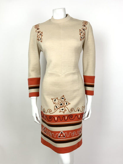 VINTAGE 60s 70s CREAM BROWN ORANGE EMBROIDERED SWIRL FLORAL DRESS 12 14