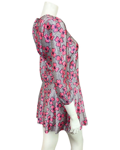 VINTAGE 60s STYLE 90s WHITE BLUE PINK GEOMETRIC FLORAL MOD DROP-WAIST DRESS 4