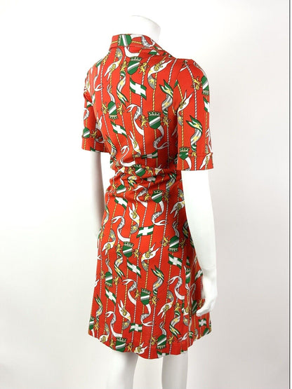 VTG 60s 70s RED ORANGE GREEN GREY FLAG LION CREST MOD DAGGER SHIRT DRESS 12 14