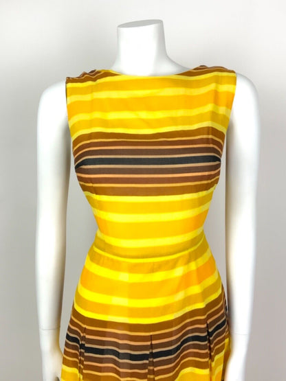 VINTAGE 60s 70s YELLOW ORANGE BROWN STRIPED SHEER SUMMER DRESS 10