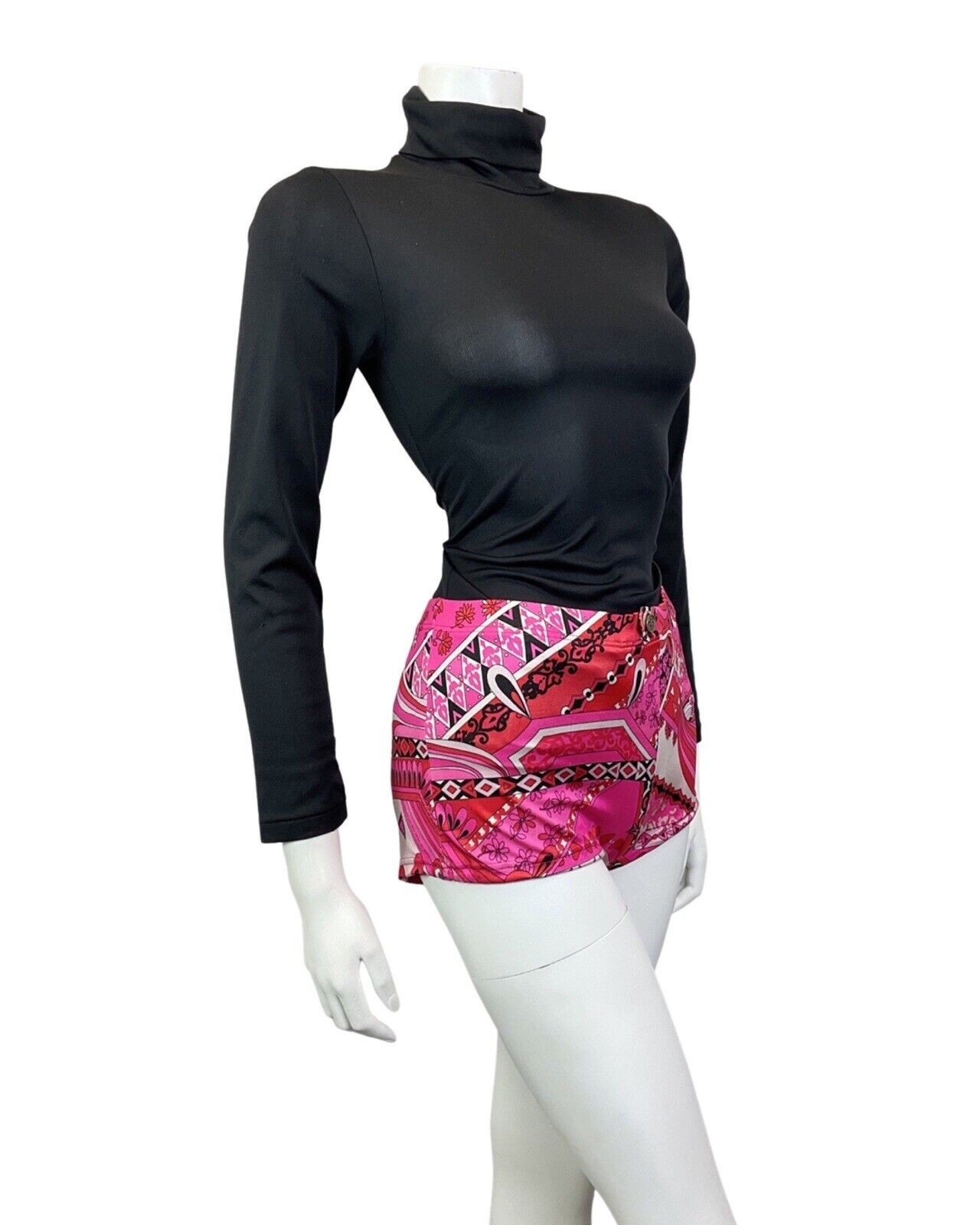 VINTAGE 60s 70s PINK RED BLACK PSYCHEDELIC FLORAL HIGH-WAISTED SWIM SHORTS 16