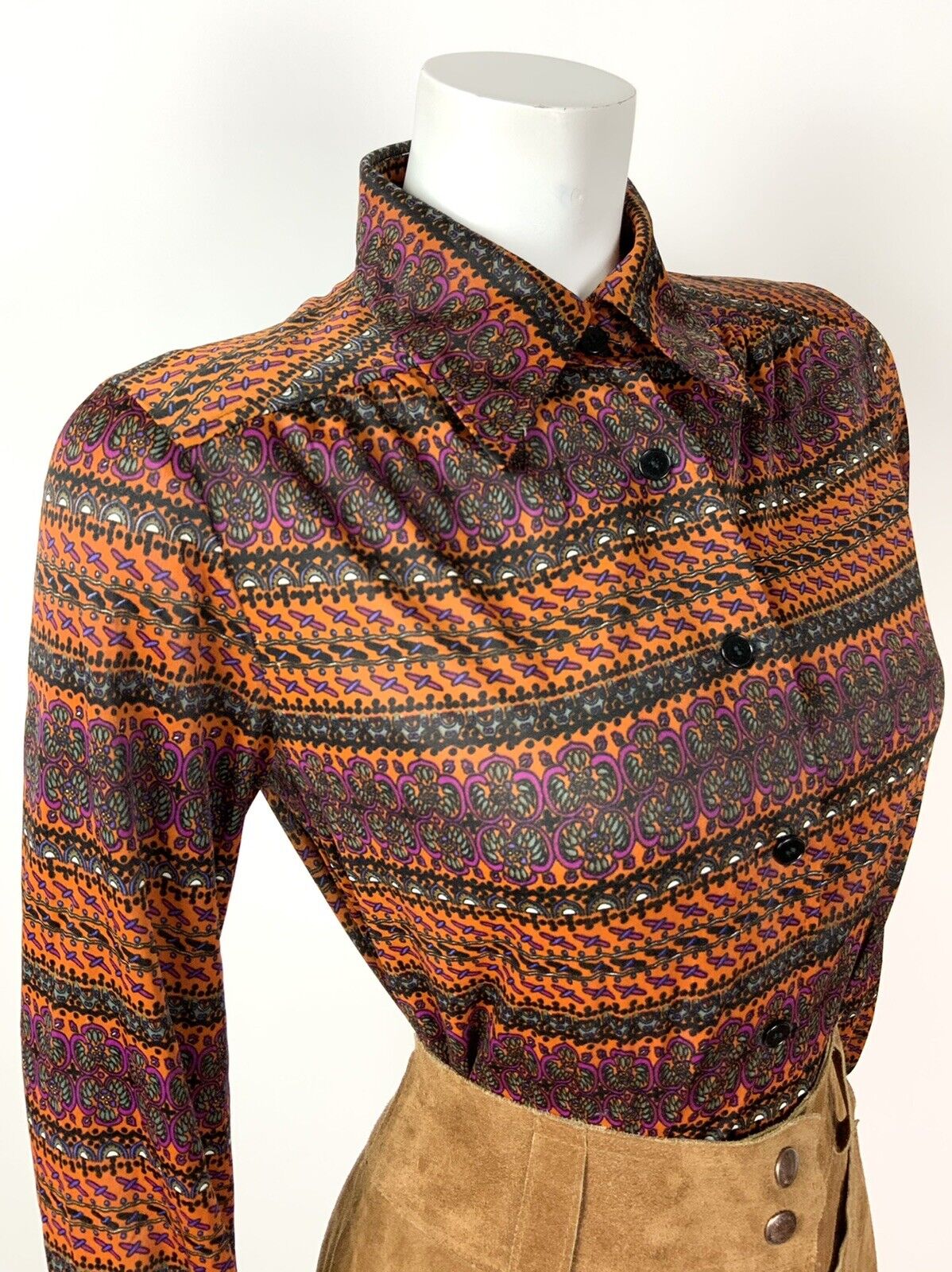 VINTAGE 60s 70s ORANGE BROWN PURPLE STRIPED PSYCHEDELIC FLORAL SHIRT TOP 14 16
