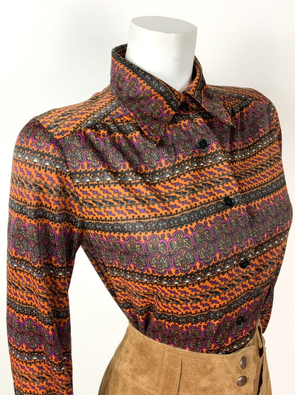 VINTAGE 60s 70s ORANGE BROWN PURPLE STRIPED PSYCHEDELIC FLORAL SHIRT TOP 14 16