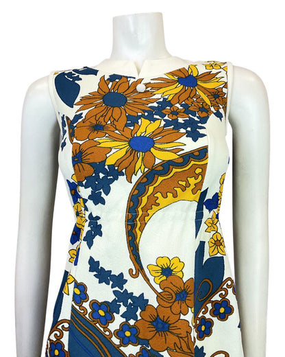 VINTAGE 60s 70s WHITE BLUE YELLOW PSYCHEDELIC FLORAL SLEEVELESS MOD DRESS 6