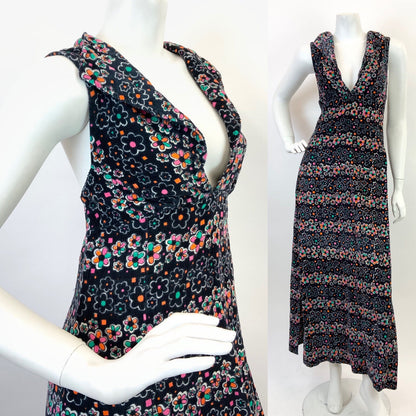 VTG 60s 70s BLACK PINK GREEN WHITE FLORAL DAISY CORDUROY PLUNGE MAXI DRESS 10 12