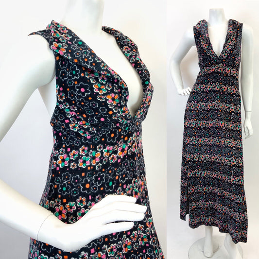 VTG 60s 70s BLACK PINK GREEN WHITE FLORAL DAISY CORDUROY PLUNGE MAXI DRESS 10 12