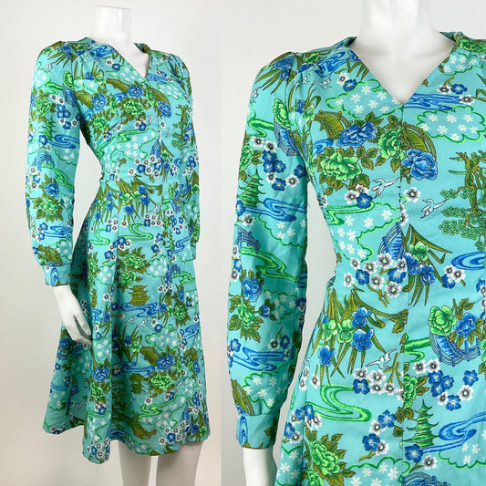 VINTAGE 70s BLUE GREEN GREY FLORAL BIRD PAGODA ORIENTAL SWING DRESS 10 12