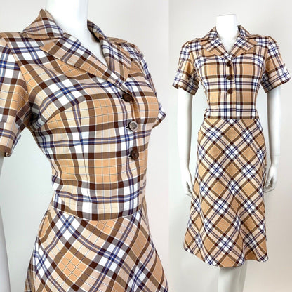 VINTAGE 60s 70s BROWN CREAM WHITE TARTAN PLAID CHECKED MOD SHIRT DRESS 10 12