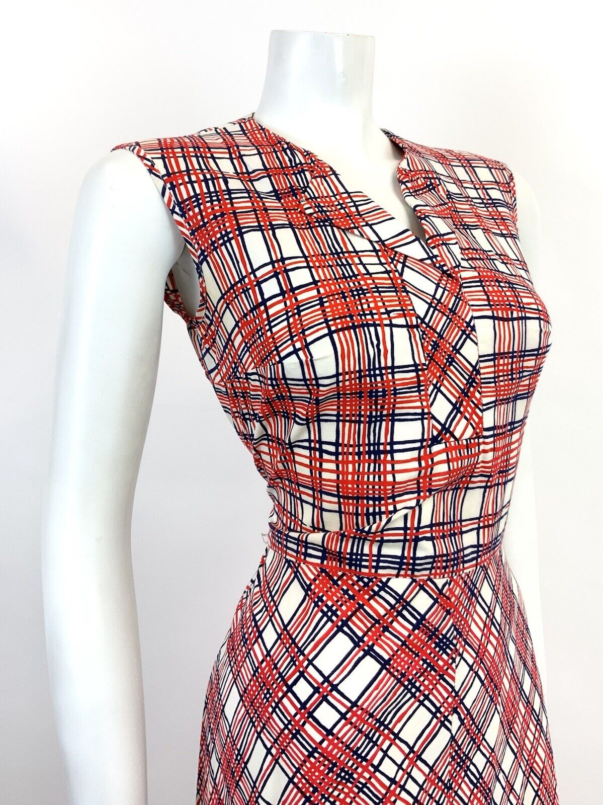 VINTAGE 60s 70s WHITE RED BLUE CHCKED PLAID MOD SLEEVELESS SHIRT DRESS 12 14