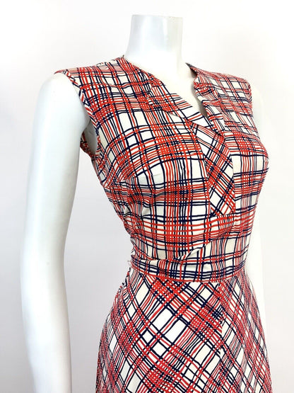 VINTAGE 60s 70s WHITE RED BLUE CHCKED PLAID MOD SLEEVELESS SHIRT DRESS 12 14
