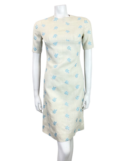 VINTAGE 60s 70s CREAM BABY BLUE EMBROIDERED LEAF EMPIRE LINE MOD SHORT DRESS 8