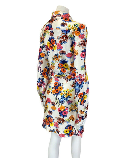 VINTAGE 60s 70s WHITE BLUE PINK FLORAL BOUQUET MOD DAGGER SHIRT DRESS 12 14