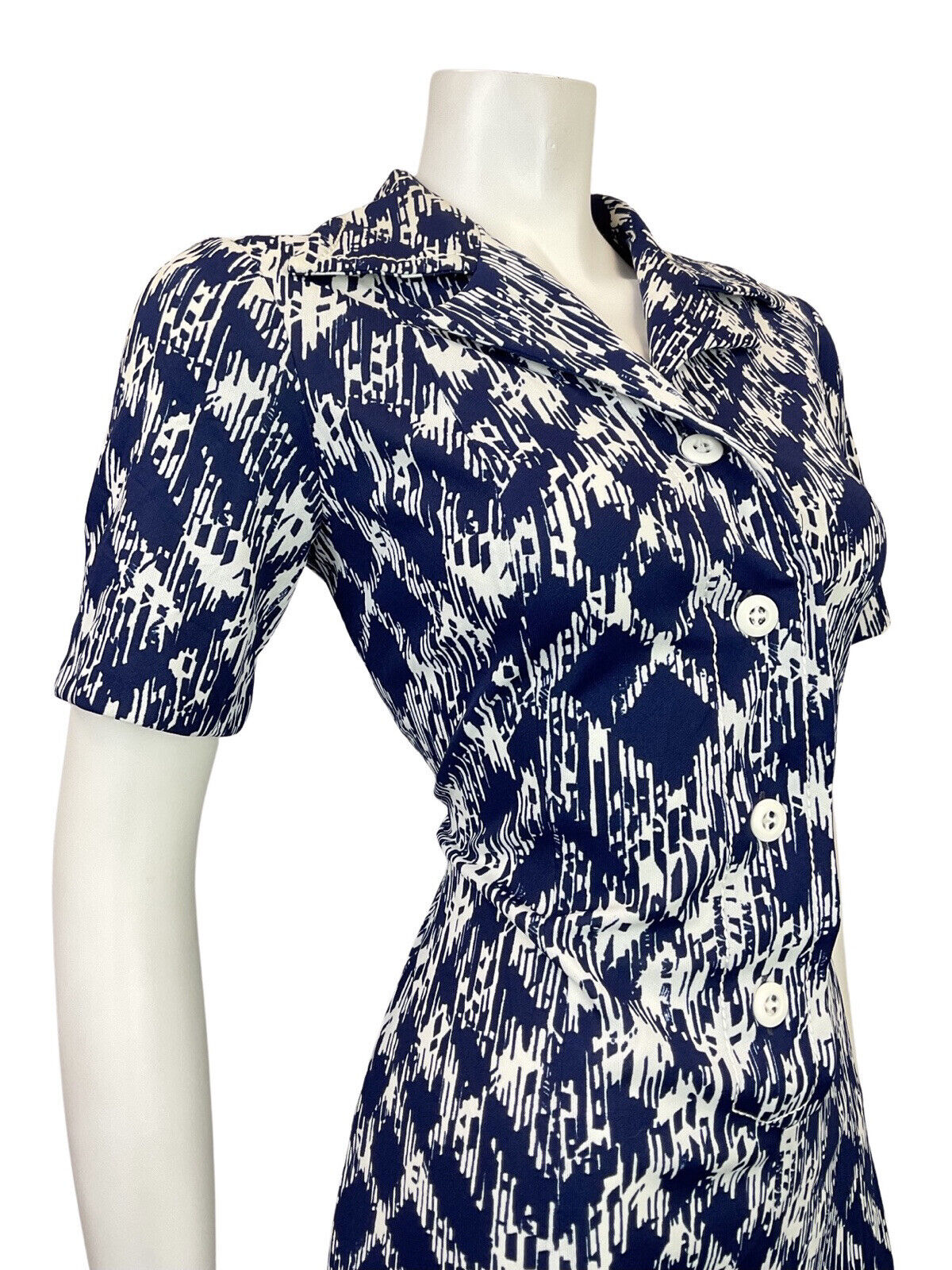 VINTAGE 60s 70s NAVY BLUE WHITE PSYCHEDELIC CHECKED PLAID DAGGER SHIRT DRESS 12