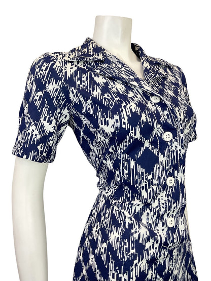 VINTAGE 60s 70s NAVY BLUE WHITE PSYCHEDELIC CHECKED PLAID DAGGER SHIRT DRESS 12