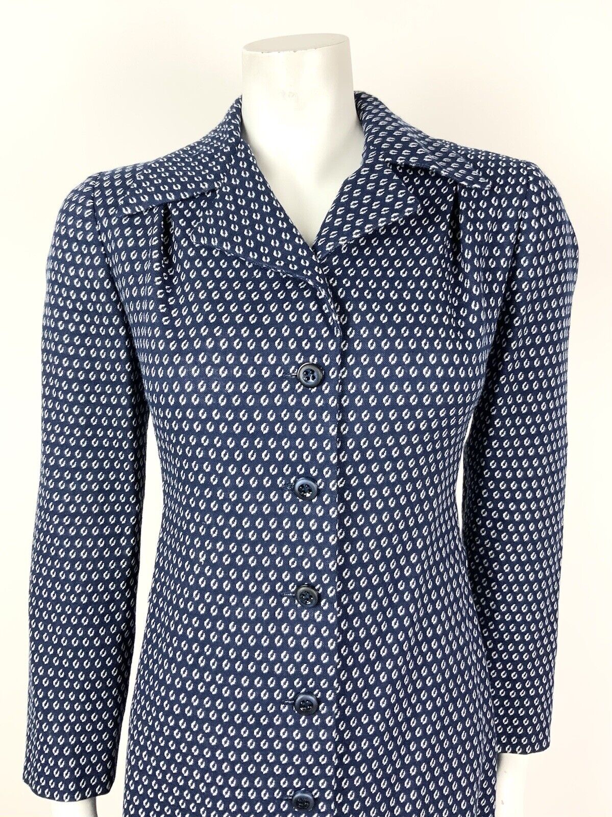 VINTAGE 60s 70s NAVY BLUE WHITE POLKA-DOT DAGGER COLLAR SHIRT DRESS 16