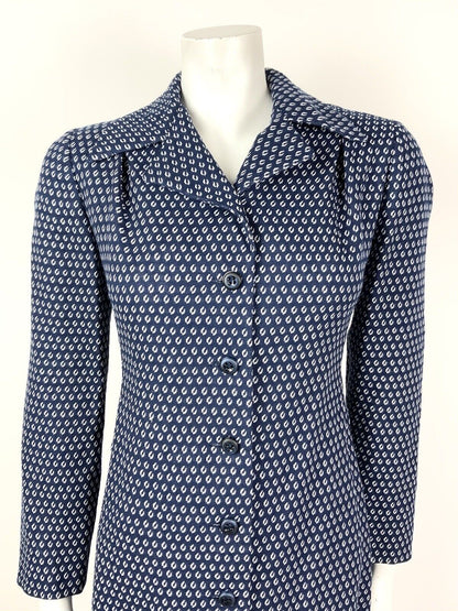 VINTAGE 60s 70s NAVY BLUE WHITE POLKA-DOT DAGGER COLLAR SHIRT DRESS 16