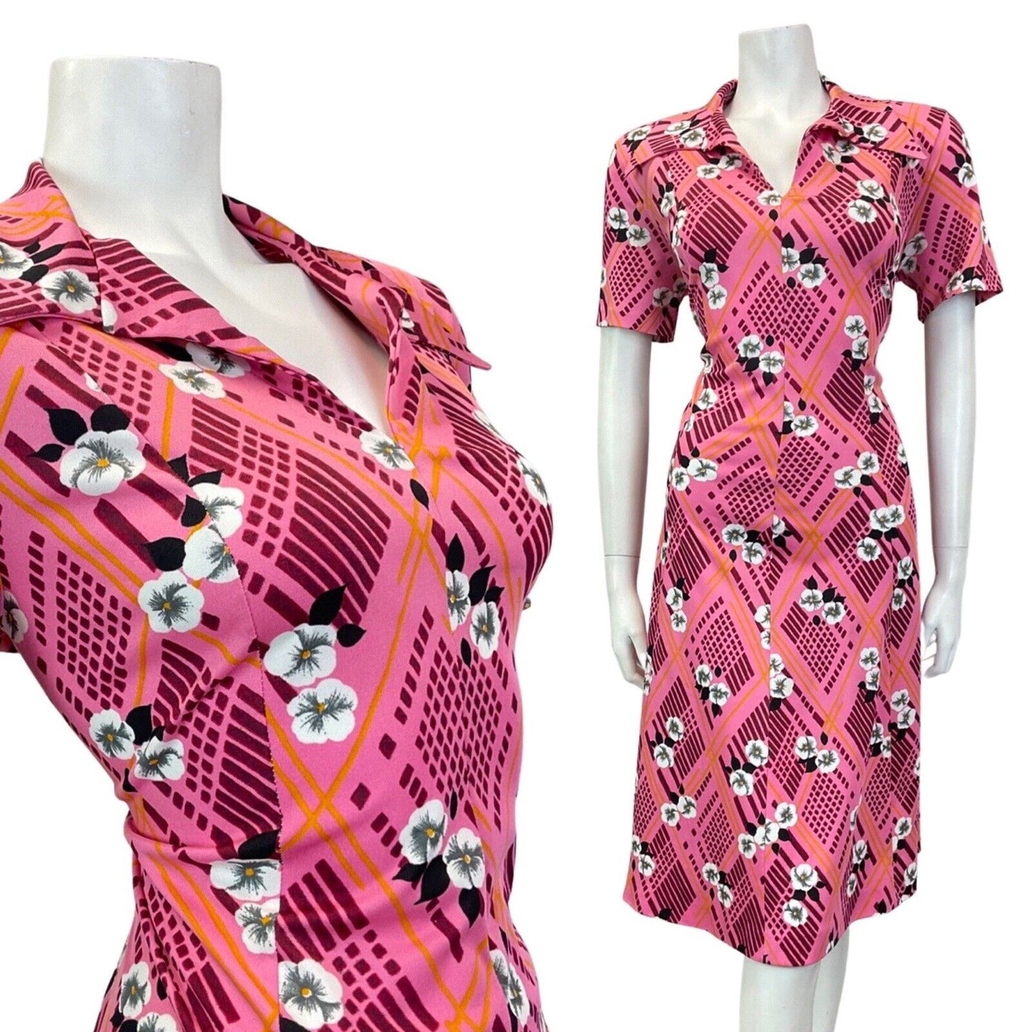 VINTAGE 60s 70s PINK PURPLE WHITE GEOMETRIC FLORAL WING COLLAR SHIRT DRESS 14 16