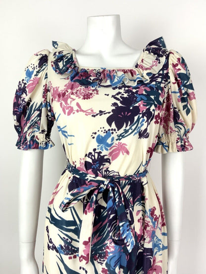 VINTAGE 60s 70s CREAM PURPLE BLUE FLORAL LEAFY RUFFLED BELTED DRESS 8 10