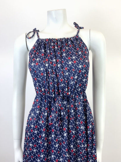 VINTAGE 70s 80s BLUE WHITE RED CHECKED GRID FLORAL STRAPPY MOD SUN DRESS 10 12