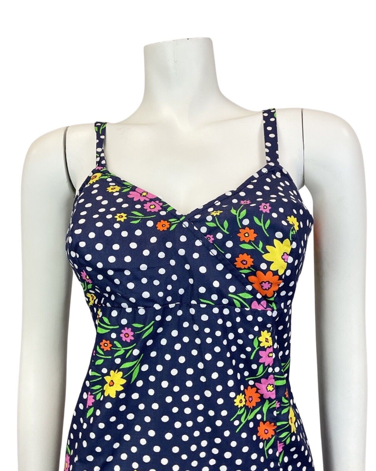 VINTAGE 60s 70s BLUE WHITE RED YELLOW POLKA-DOT DAISY FLORAL SUMMER SUN DRESS 10