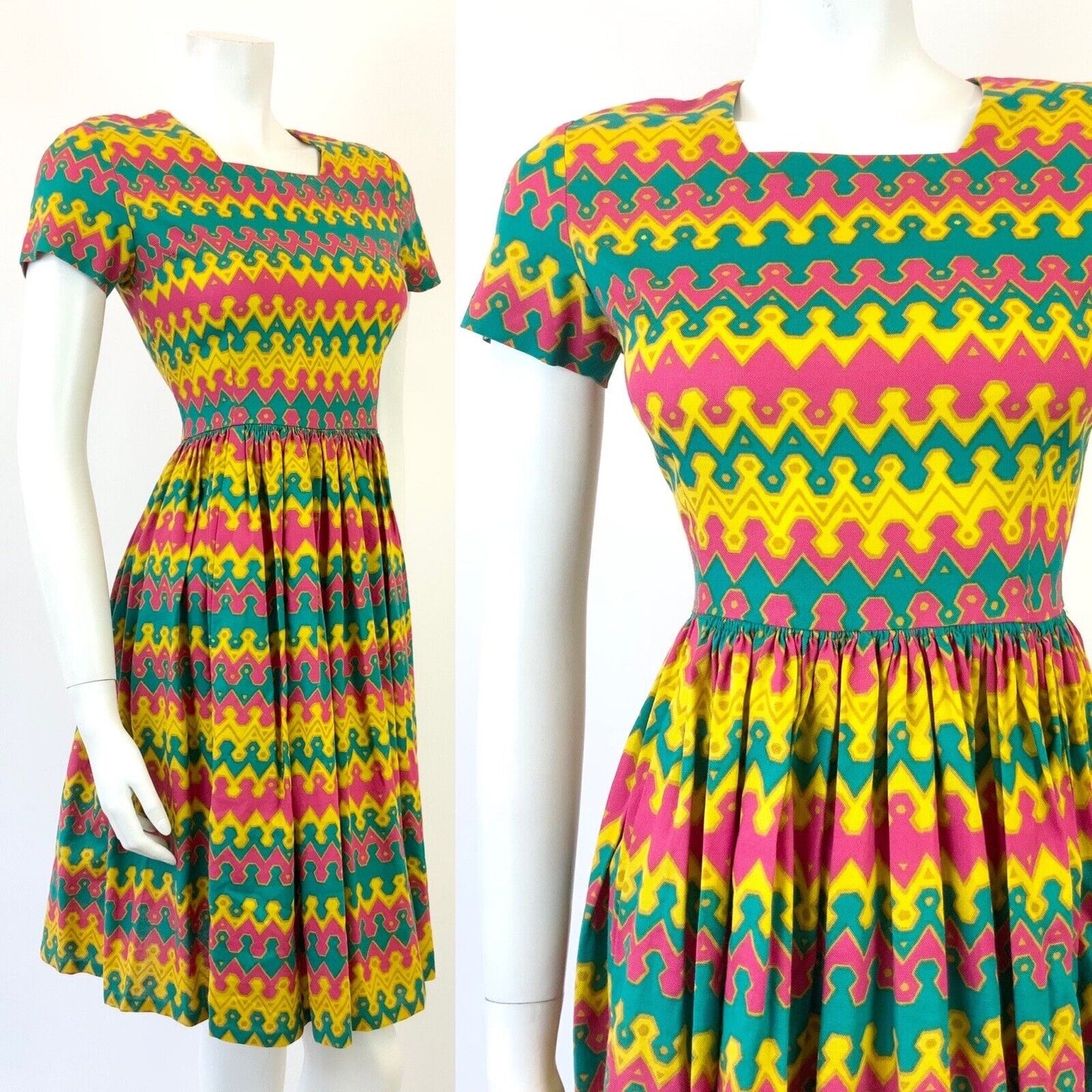 VINTAGE 60s 70s YELLOW GREEN PINK GOLD AZTEC STRIPED ZIG-ZAG SWING DRESS 8