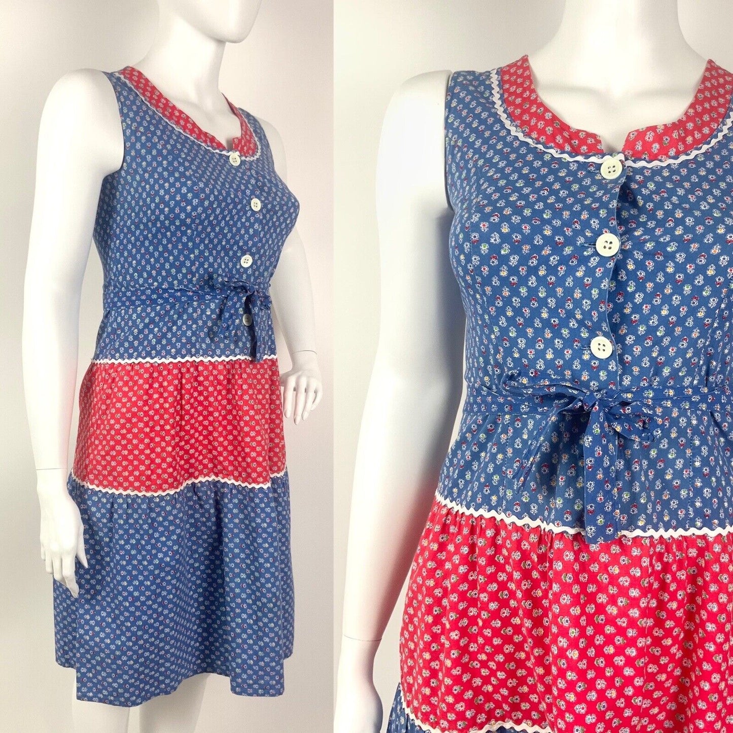 VTG 60s 70s BLUE RED WHITE FLORAL DITSY DAISY RIC RAC COTTAGE BOHO DRESS 14 16