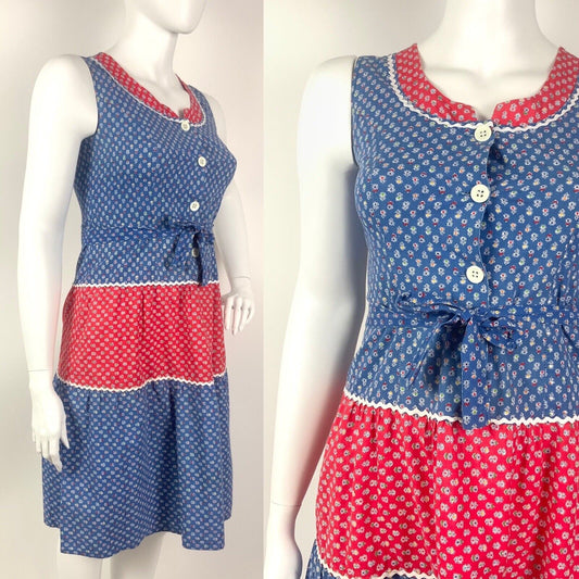 VTG 60s 70s BLUE RED WHITE FLORAL DITSY DAISY RIC RAC COTTAGE BOHO DRESS 14 16