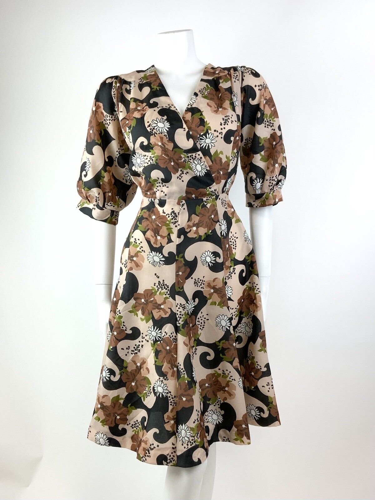 VTG 60s 70s CREAM BLACK BROWN GREEN PSYCHEDELIC FLORAL BLOUSON SWING DRESS 12