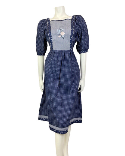 VINTAGE 70s BLUE WHITE PINK POLKA-DOT FLORAL EMBROIDERED BOHO PRAIRIE DRESS 8