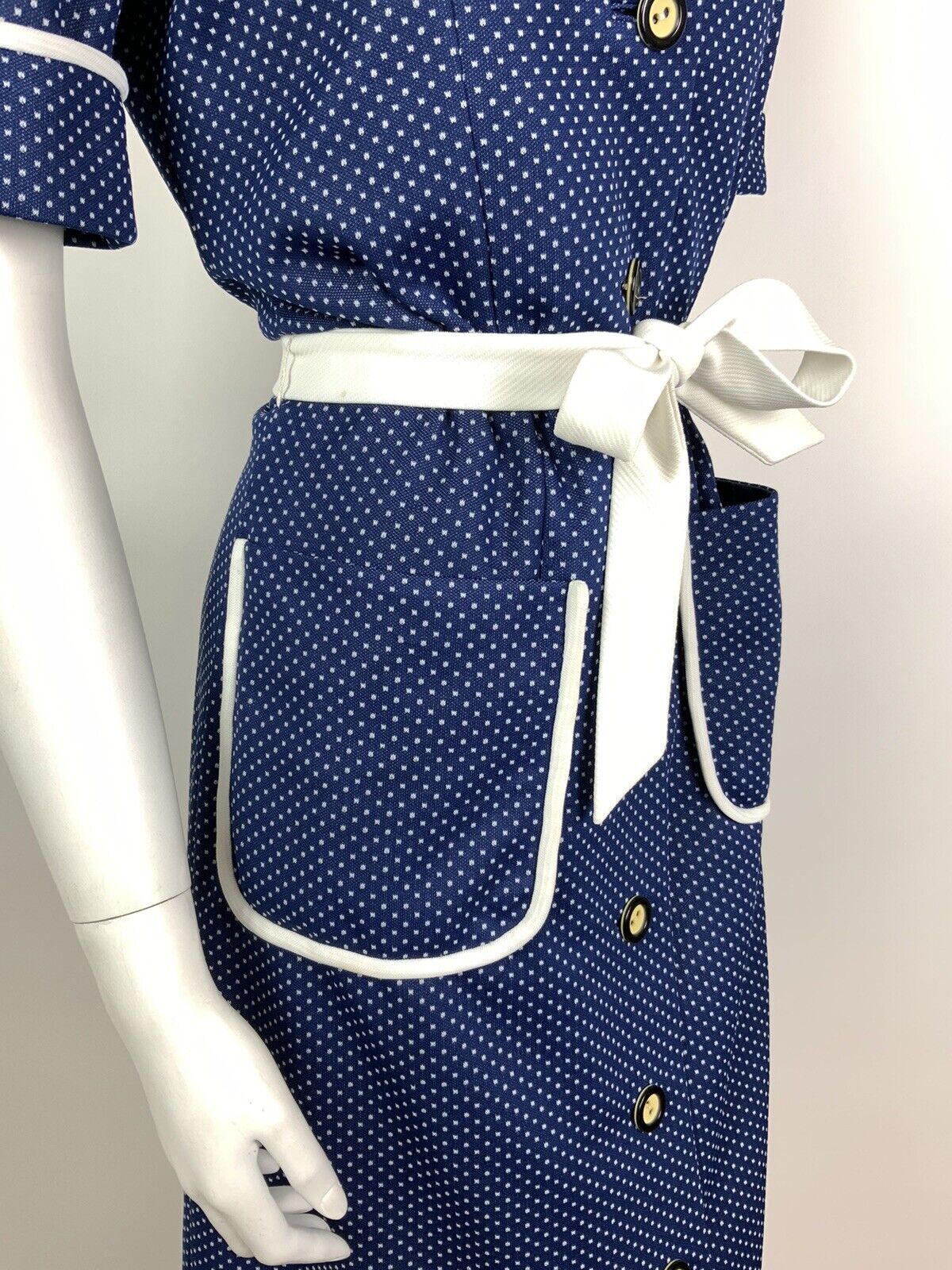VINTAGE 60s 70s NAVY BLUE WHITE POLKA DOT BELTED WING COLLAR SHIRT DRESS 12 14