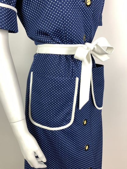 VINTAGE 60s 70s NAVY BLUE WHITE POLKA DOT BELTED WING COLLAR SHIRT DRESS 12 14