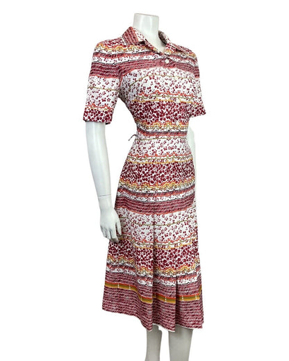VINTAGE 60s 70s WHITE RED GOLD FLORAL PETAL STRIPED DAGGER SHIRT DRESS 14 16