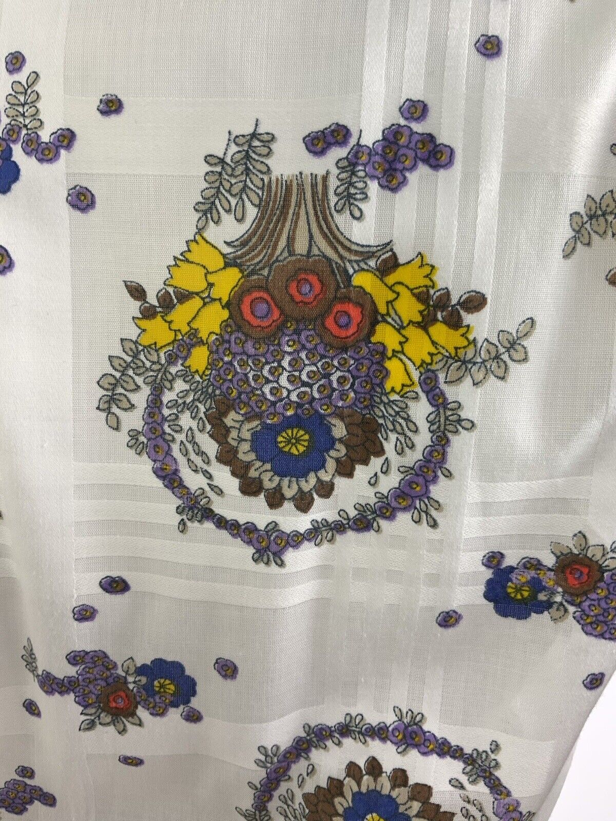 VINTAGE 60s 70s WHITE BROWN YELLOW PLAID FLORAL SPOON COLLAR SHIRT DRESS 12 14