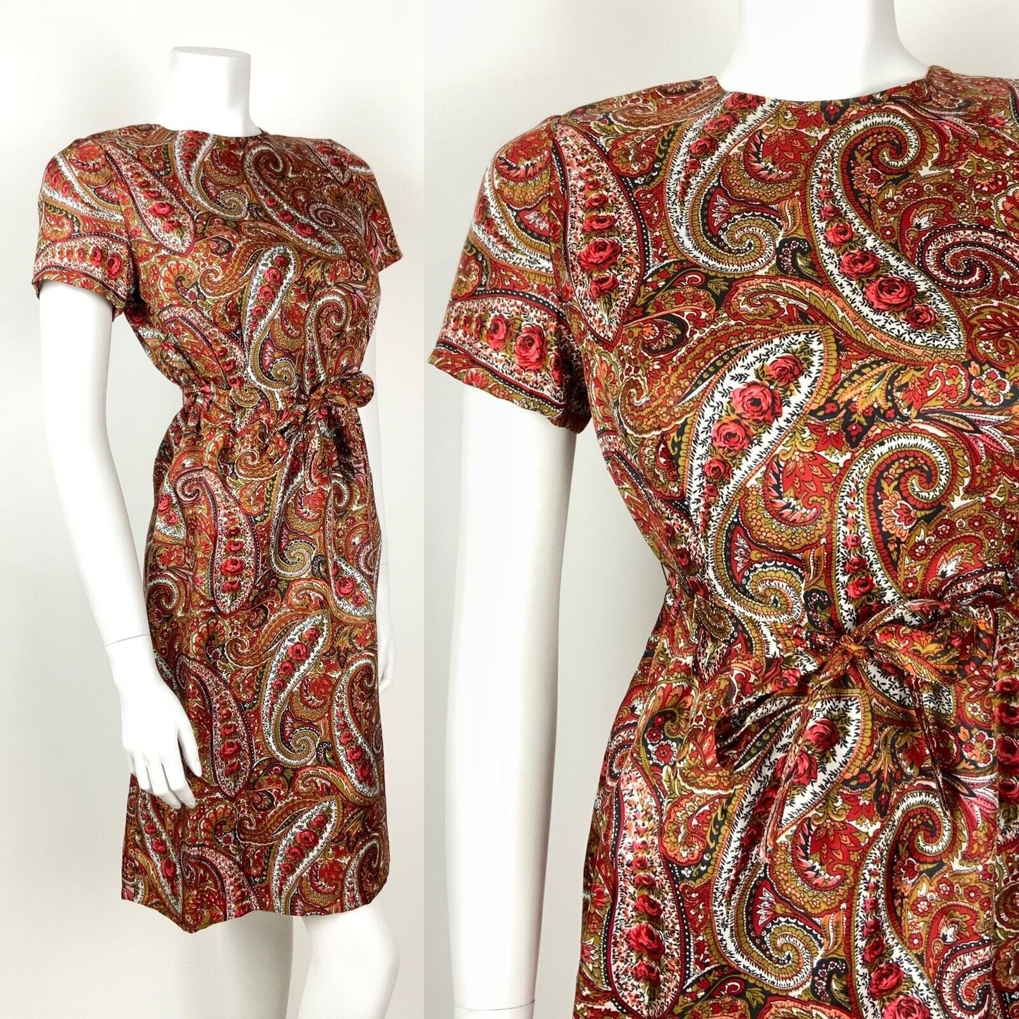 VINTAGE 60s 70s RED GREEN BLACK PEACH FLORAL PSYCHEDELIC PAISLEY BELTED DRESS 10