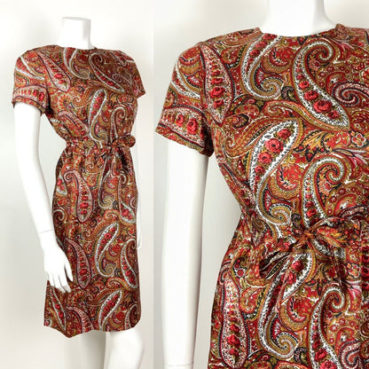 VINTAGE 60s 70s RED GREEN BLACK PEACH FLORAL PSYCHEDELIC PAISLEY BELTED DRESS 10