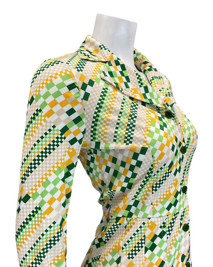VINTAGE 60s 70s GREEN WHITE YELLOW PIXEL GEOMETRIC MOD DAGGER SHIRT DRESS 8
