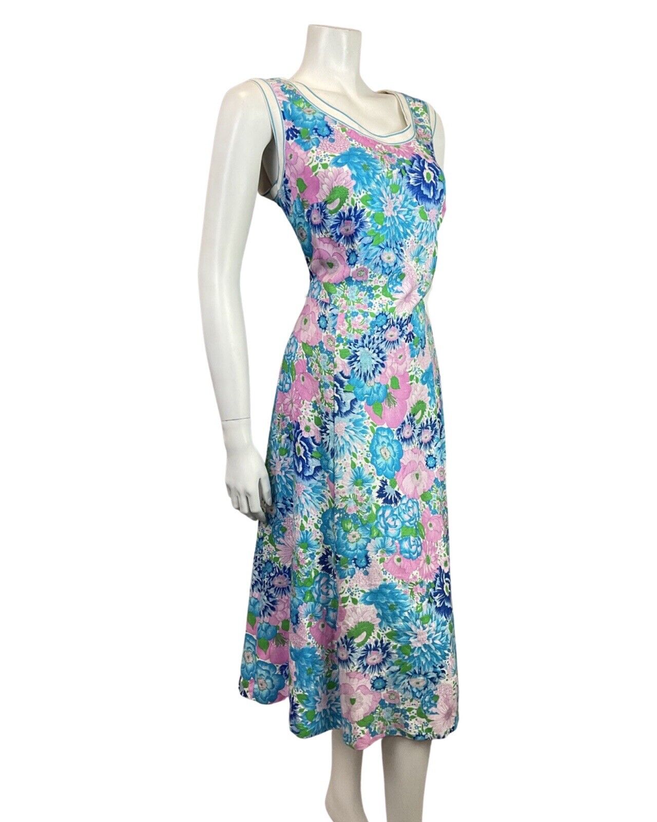 VINTAGE 60s 70s BLUE PINK WHITE FLORAL BOTANICAL SLEEVELESS SUMMER DRESS 14