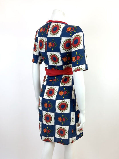 VINTAGE 60s 70s BLUE WHITE RED CHECKERBOARD HEART FLORAL MOD SHIFT DRESS 10 12