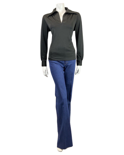 VINTAGE 60s 70s JET BLACK DAGGER COLLAR BLOUSE TOP 14 16