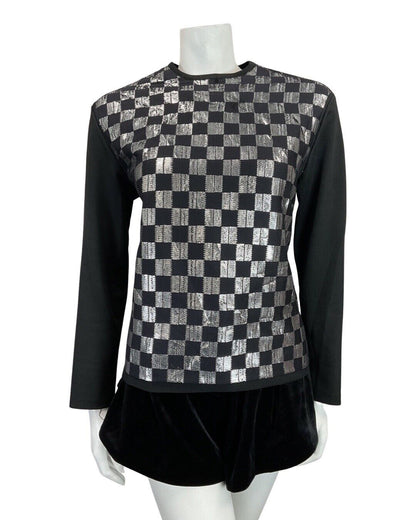 VINTAGE 60s 70s BLACK SILVER CHECKERBOARD MOD DISCO LONGSLEEVE BLOUSE TOP 14 16