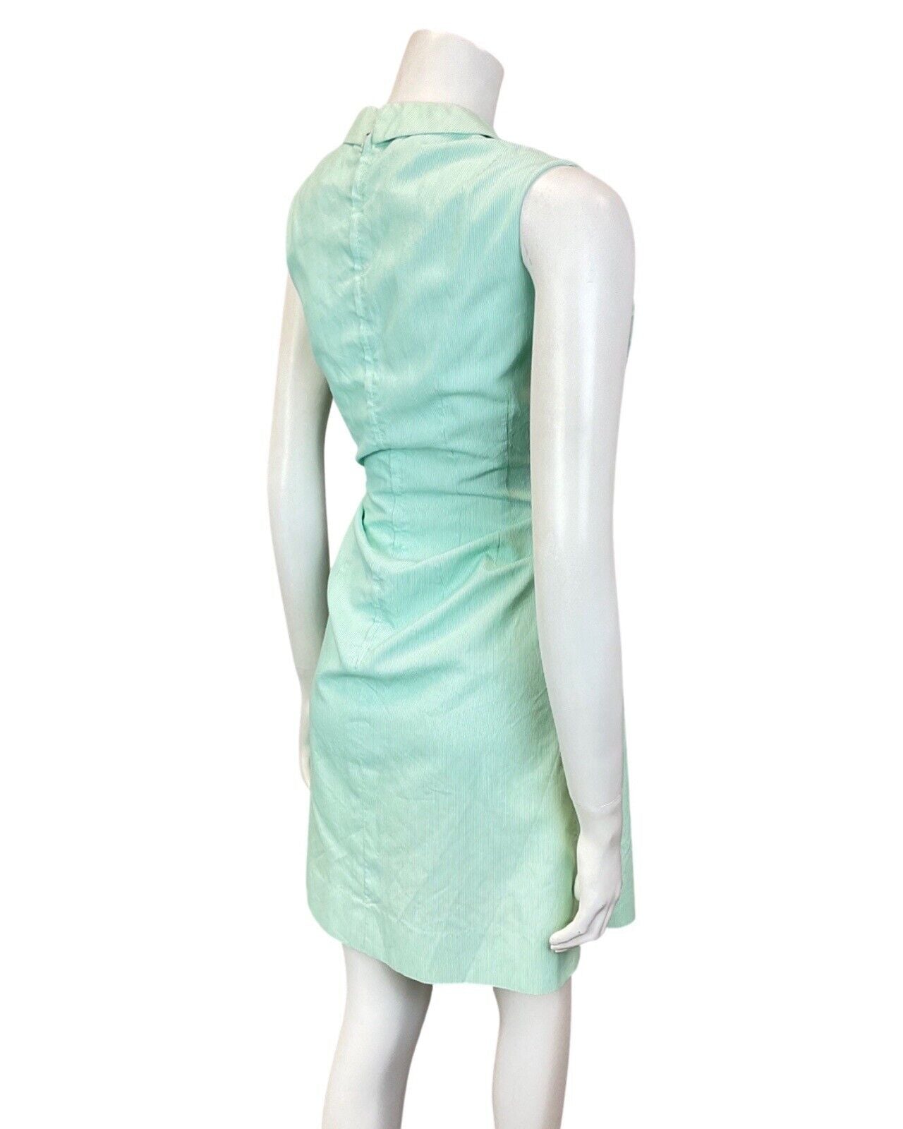 VINTAGE 60s 70s MINT GREEN WHITE PIN-STRIPE PETER PAN SLEEVELESS DRESS 12