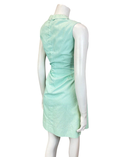 VINTAGE 60s 70s MINT GREEN WHITE PIN-STRIPE PETER PAN SLEEVELESS DRESS 12