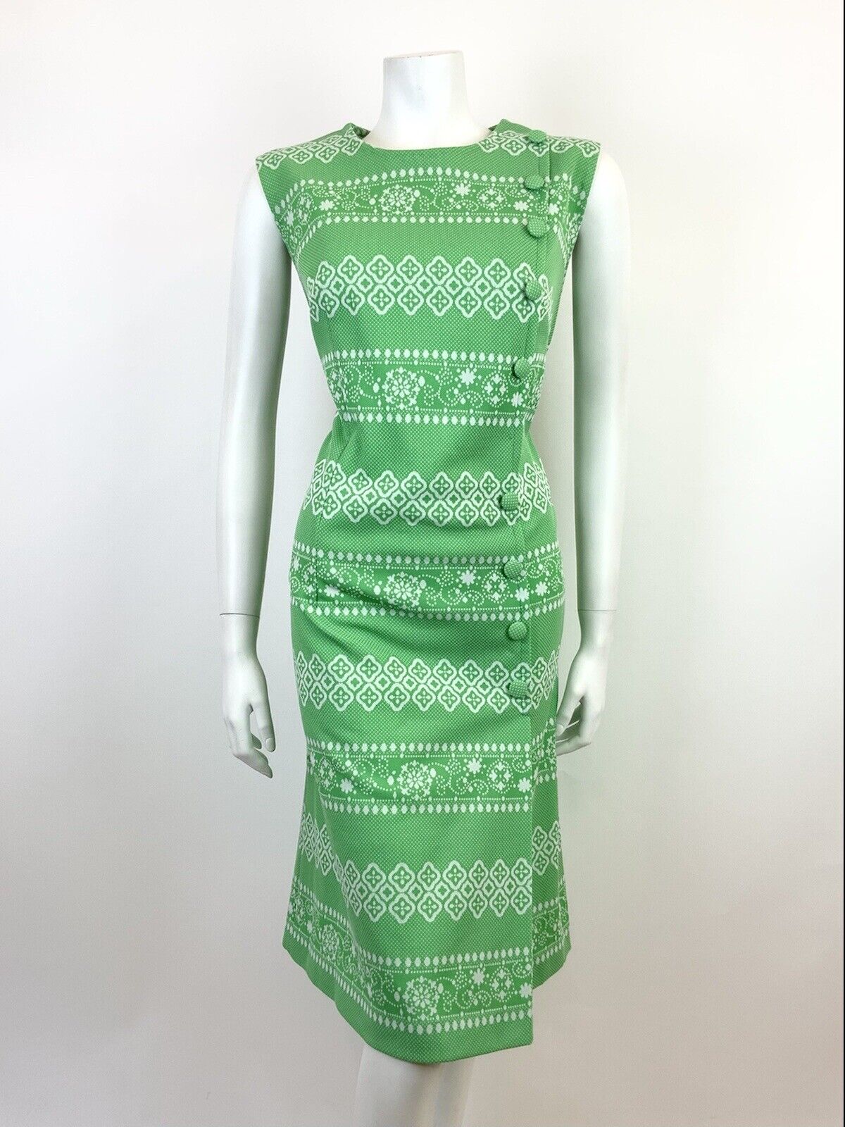 VTG 60s 70s APPLE GREEN WHITE STRIPED GEOMETRIC FLORAL SLEEVELESS DRESS 14 16