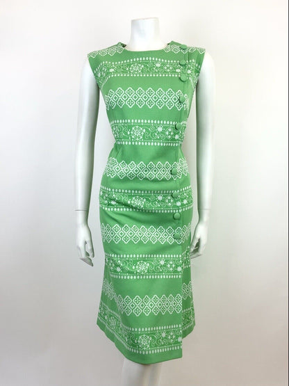 VTG 60s 70s APPLE GREEN WHITE STRIPED GEOMETRIC FLORAL SLEEVELESS DRESS 14 16