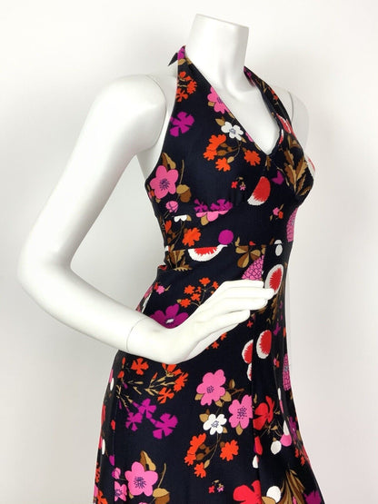 VTG 60s 70s PSYCHEDELIC BLUE RED PINK BROWN FLORAL HALTER MAXI SUMMER DRESS 8