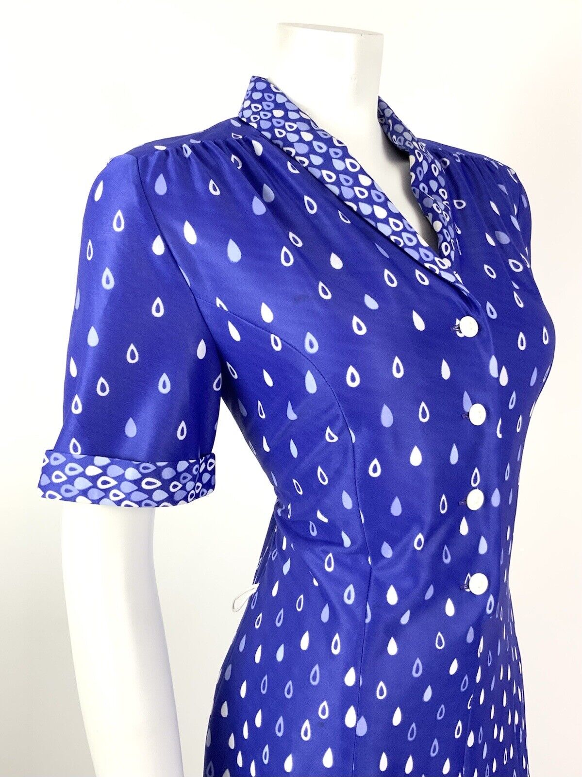 VINTAGE 60s 70s PURPLE LILAC WHITE TEAR RAIN-DROP SHAWL SHIRT DRESS 14 16