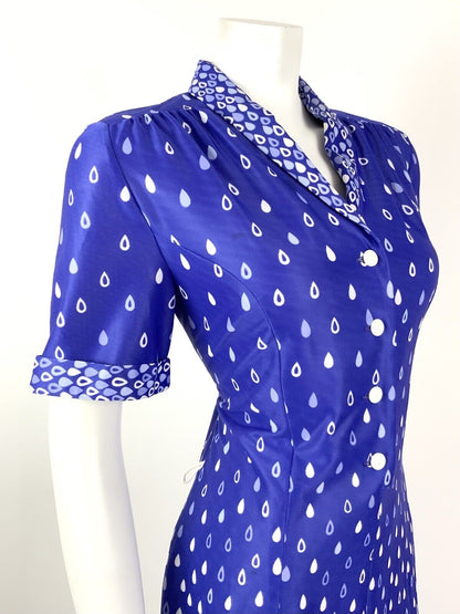 VINTAGE 60s 70s PURPLE LILAC WHITE TEAR RAIN-DROP SHAWL SHIRT DRESS 14 16