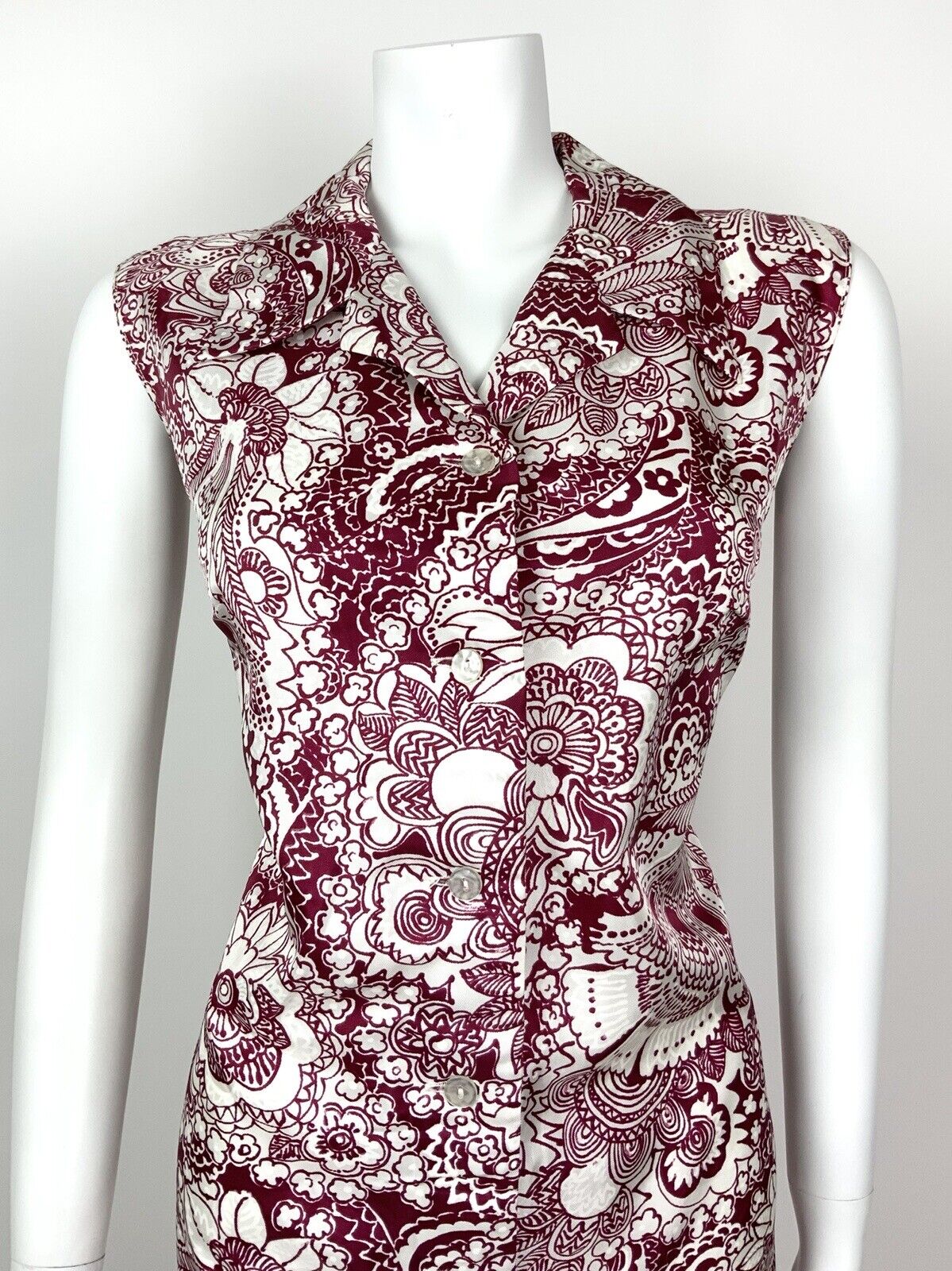 VINTAGE 60s 70s WINE RED WHITE PSYCHEDELIC FLORAL PAISLEY BATIK SHIRT DRESS 12 1