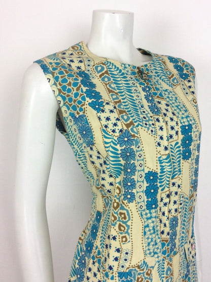 VINTAGE 60s 70s SHIFT DRESS ABSTRACT FLORAL PATCHWORK DITSY BLUE GOLD CREAM 14